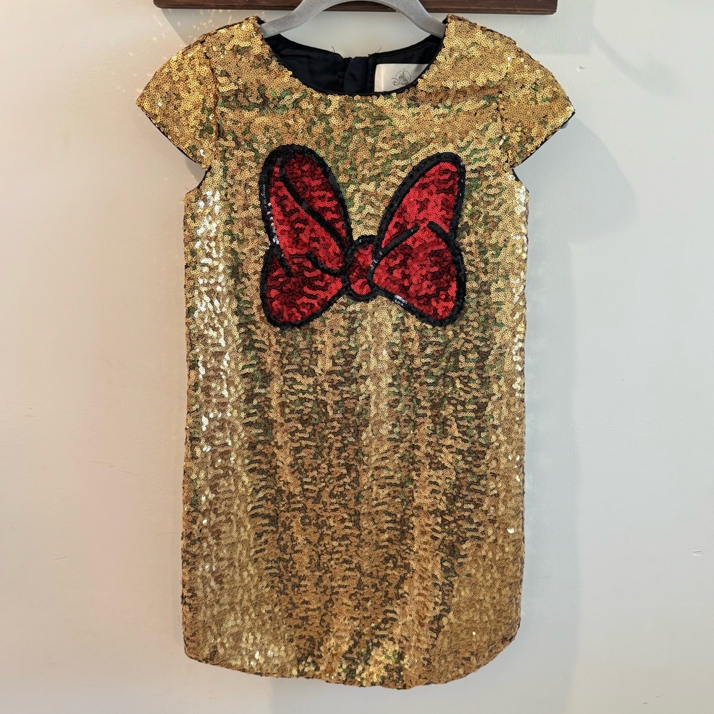 Disney Gold Sequin Dress with Red Bow Accent